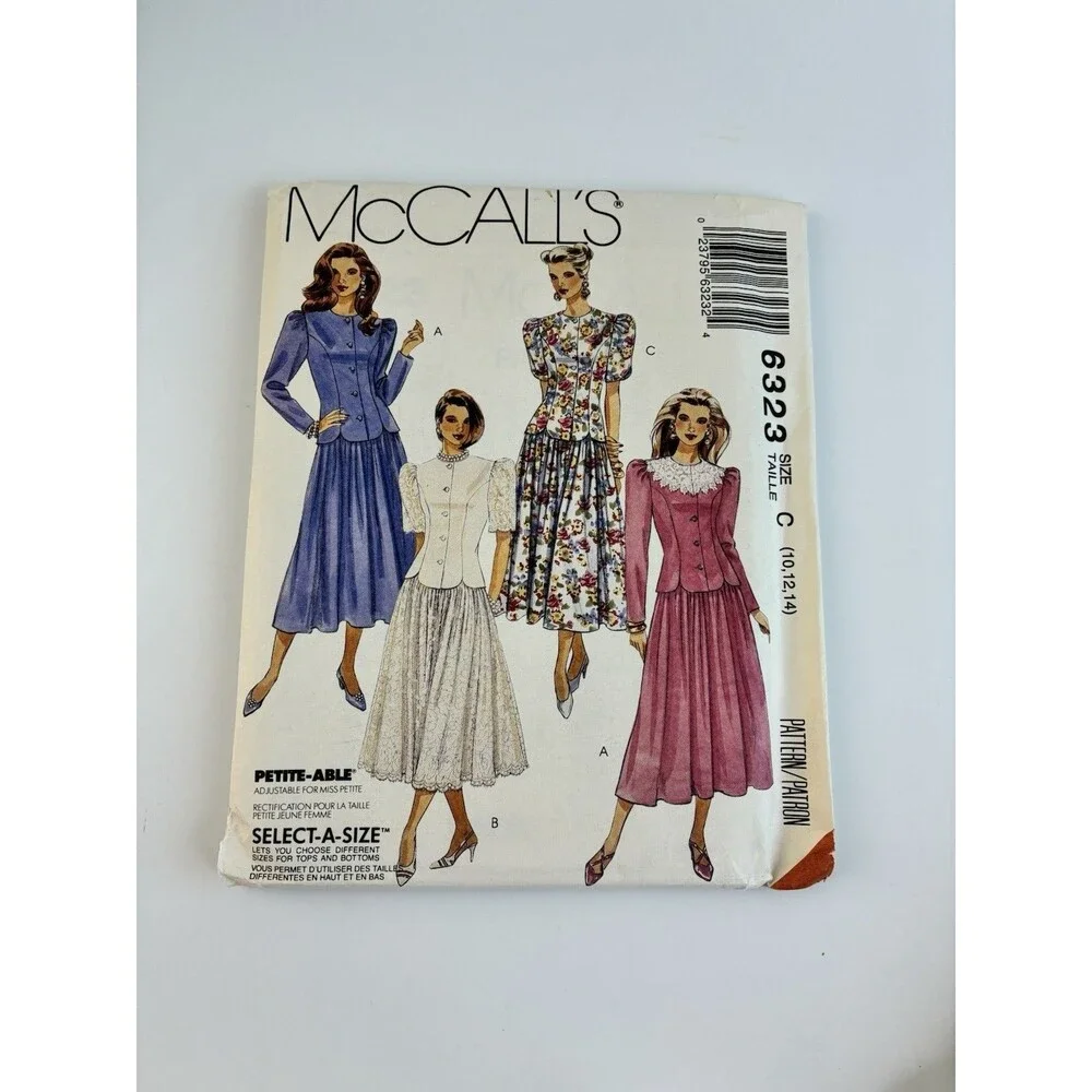 Dress Peplum Princess Seams Uncut Pattern 6323 Size 10-14 Vtg 90s Cottagecore